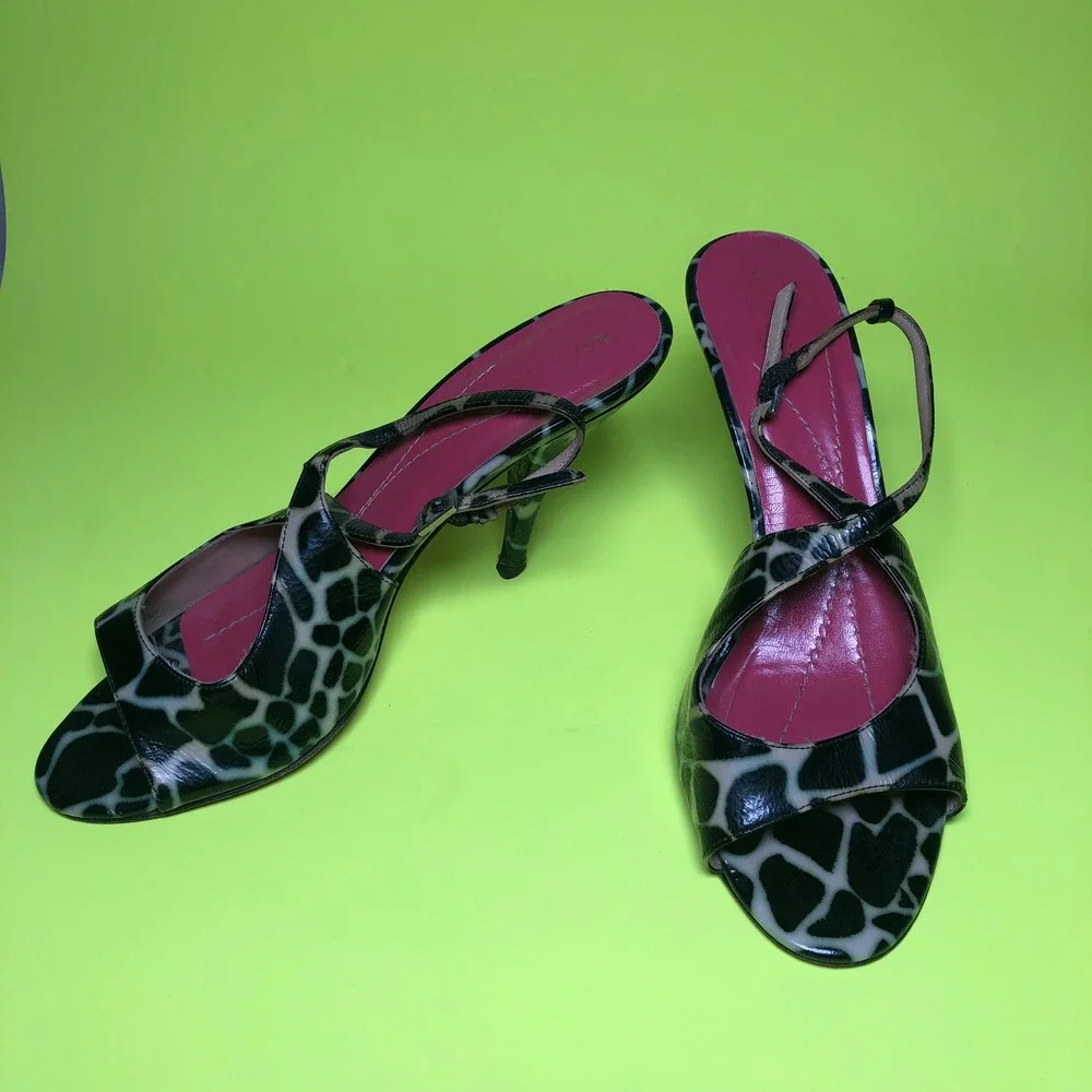 Kate Spade Heels Women 7.5 Black Giraffe Print Peep Toe Stiletto Made in Italy